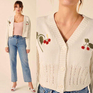 ROUJE PARIS Rare Jojo Embroidered Knit Cropped Cardigan in Ivory Size 36/4